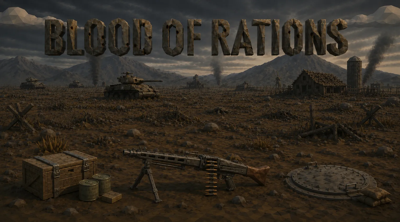 An MG42 machine gun and supply crates in the foreground of a war-torn plain, with tanks, a ruined farm and mountains beyond.